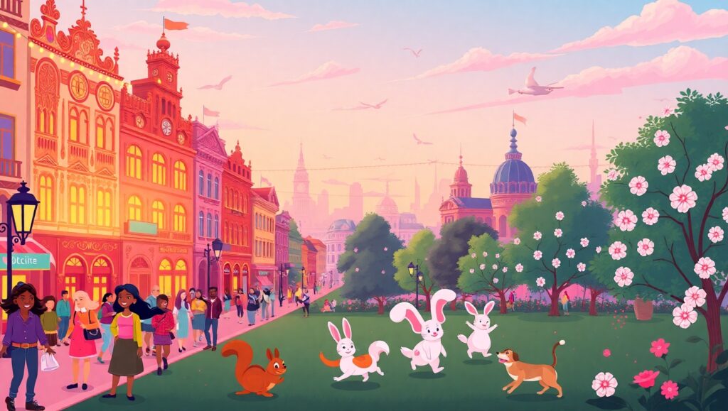 Whimsical City at Sunset – free AI stock image