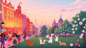 Whimsical City at Sunset – free AI stock image