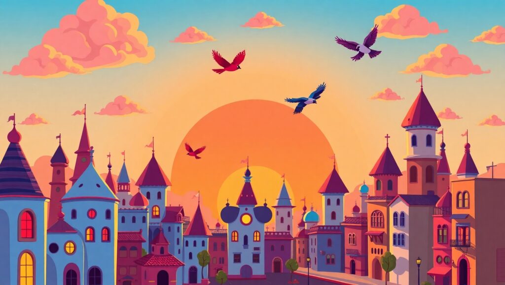 Whimsical City Skyline at Sunset – free AI stock image