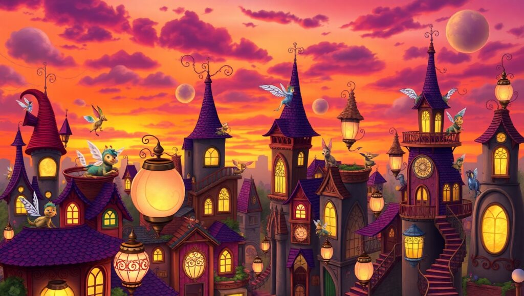 Whimsical Cityscape at Dusk – free AI stock image