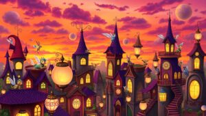Whimsical Cityscape at Dusk – free AI stock image