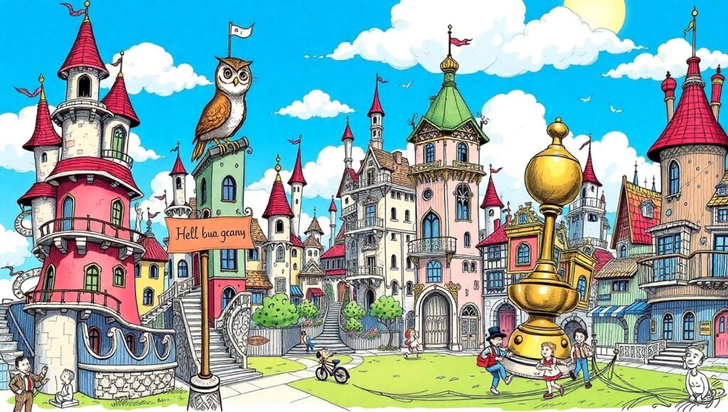 Whimsical Cityscape Sketch Adventure – free AI stock image