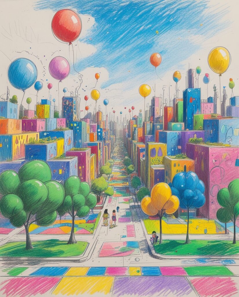 Whimsical Cityscape with Floating Balloon Park – free AI stock image