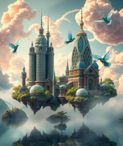 Whimsical Cityscape with Floating Islands – free AI stock image