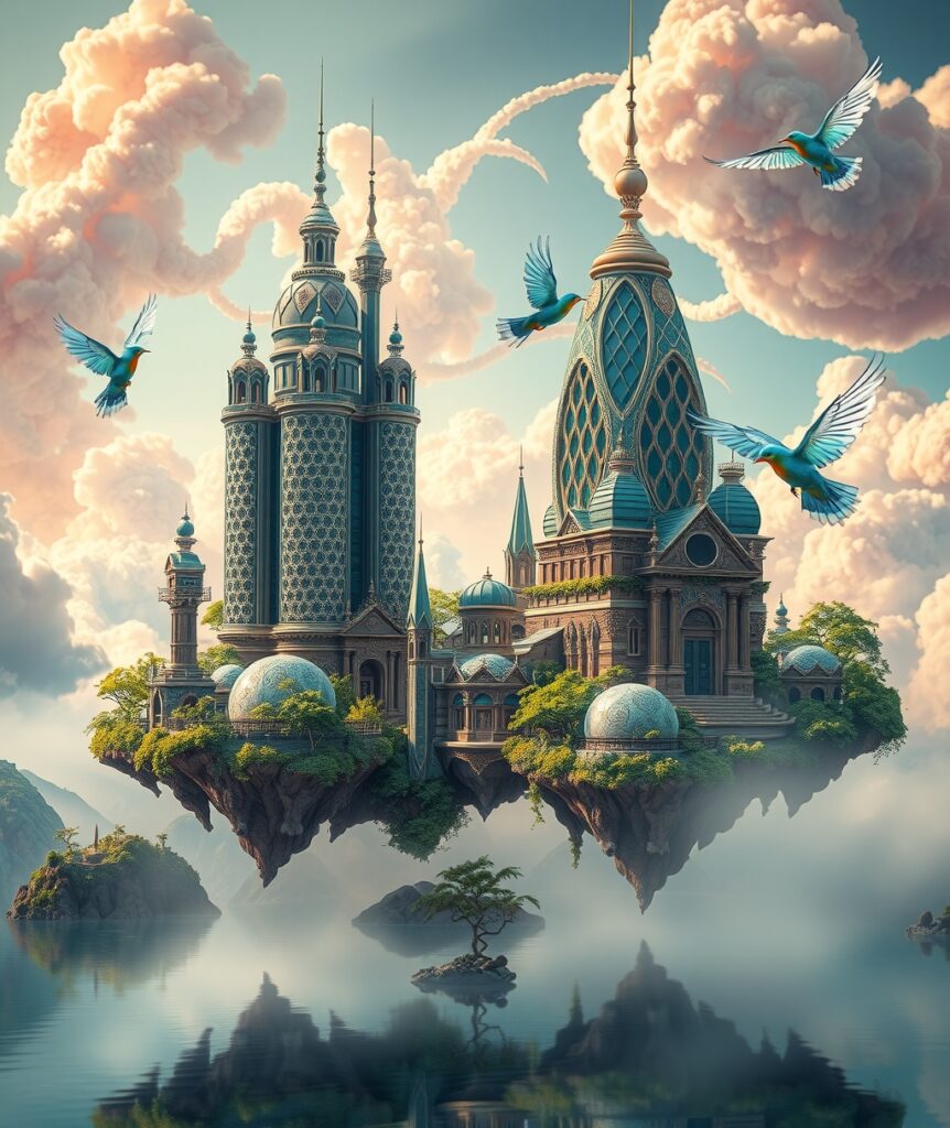 Whimsical Cityscape with Floating Islands – free AI stock image