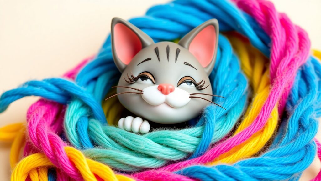 Whimsical Clay Cat with Yarn – free AI stock image