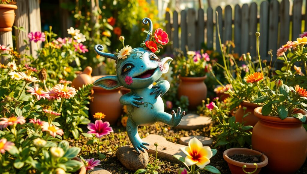 Whimsical Clay Creature in Garden – free AI stock image
