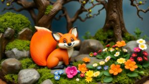 Whimsical Clay Fox in Forest – free AI stock image