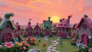 Whimsical Clay Village at Sunset – free AI stock image
