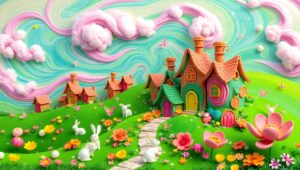 Whimsical Clay Village in Bloom – free AI stock image