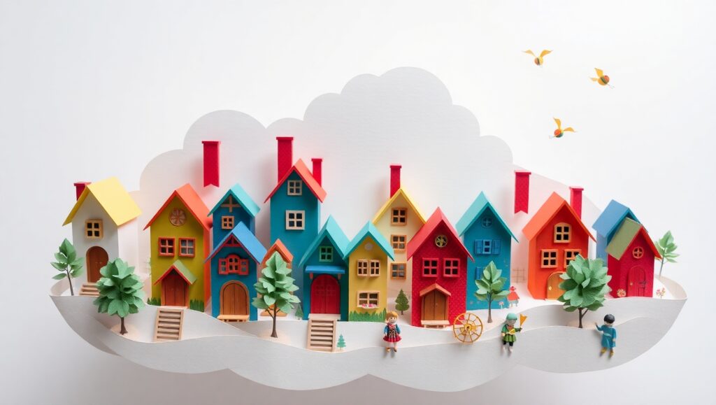 Whimsical Cloud Village in Papercraft – free AI stock image