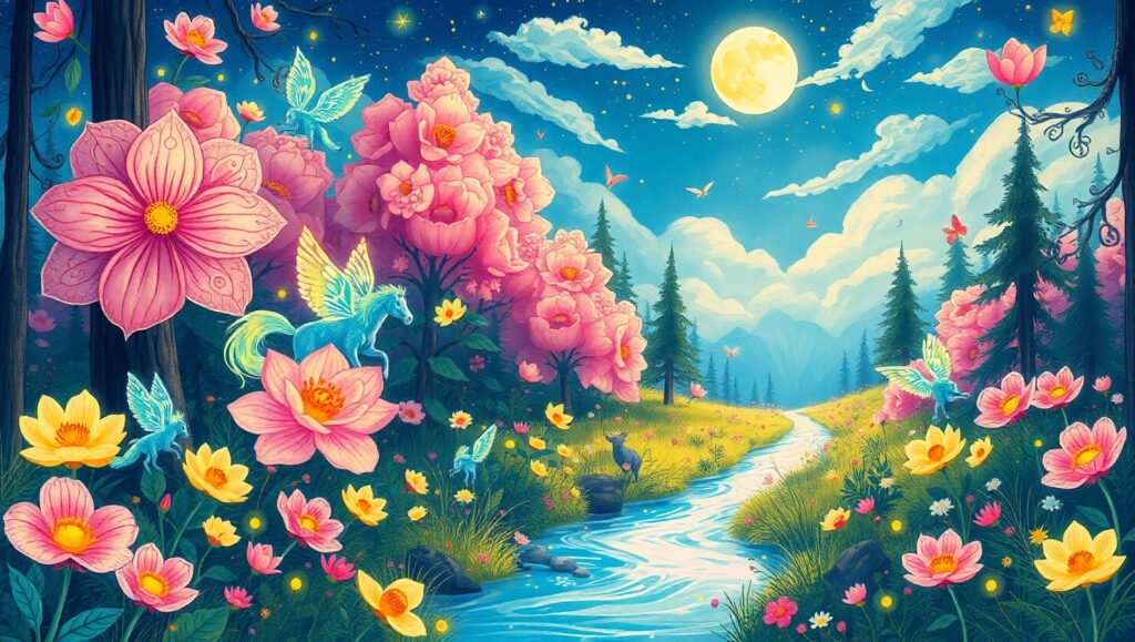 Whimsical Creatures in a Starry Forest – free AI stock image