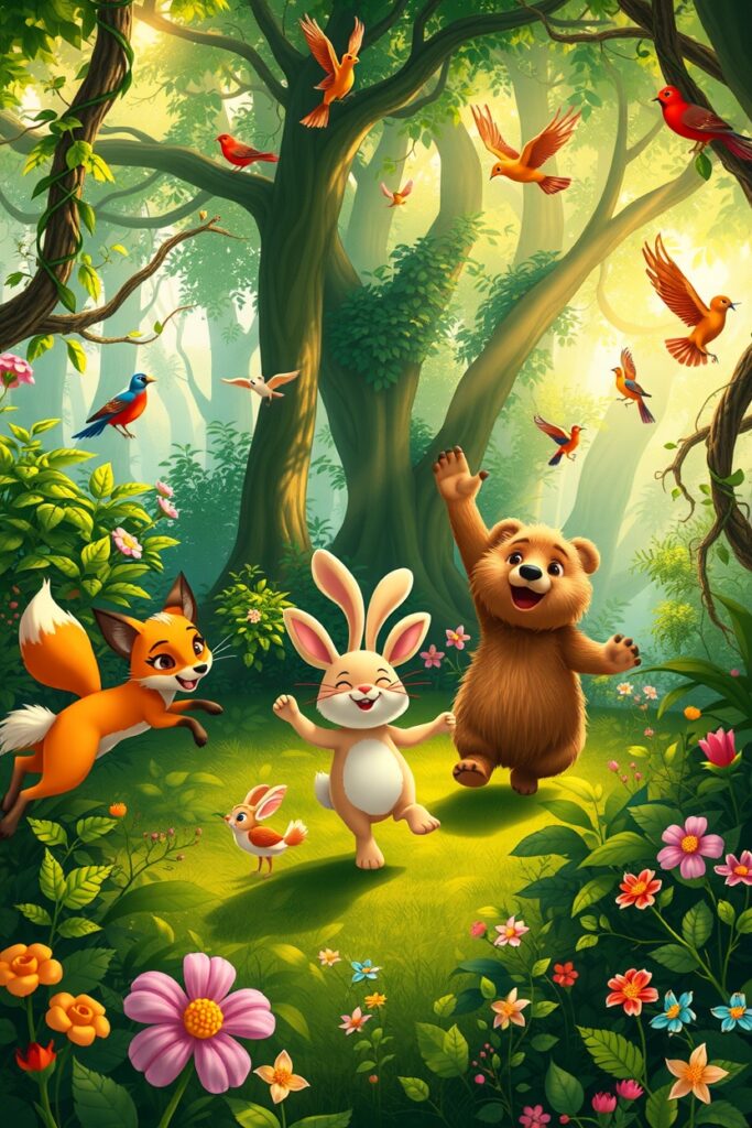 Whimsical Dancing Animals in a Forest – free AI stock image