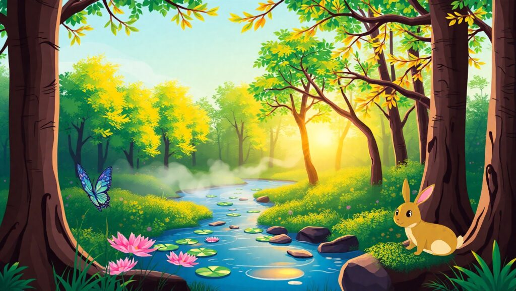 Whimsical Dawn in the Forest – free AI stock image