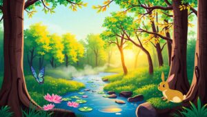 Whimsical Dawn in the Forest – free AI stock image