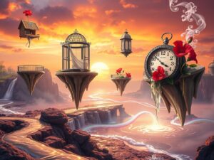 Whimsical Dreamscape: Floating Islands and Time – free AI stock image