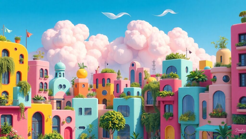 Whimsical Flat Cityscape Design – free AI stock image