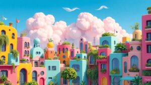 Whimsical Flat Cityscape Design – free AI stock image