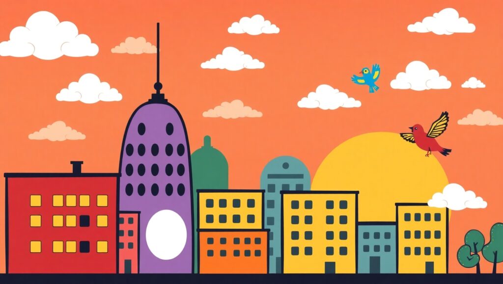 Whimsical Flat Design Cityscape – free AI stock image