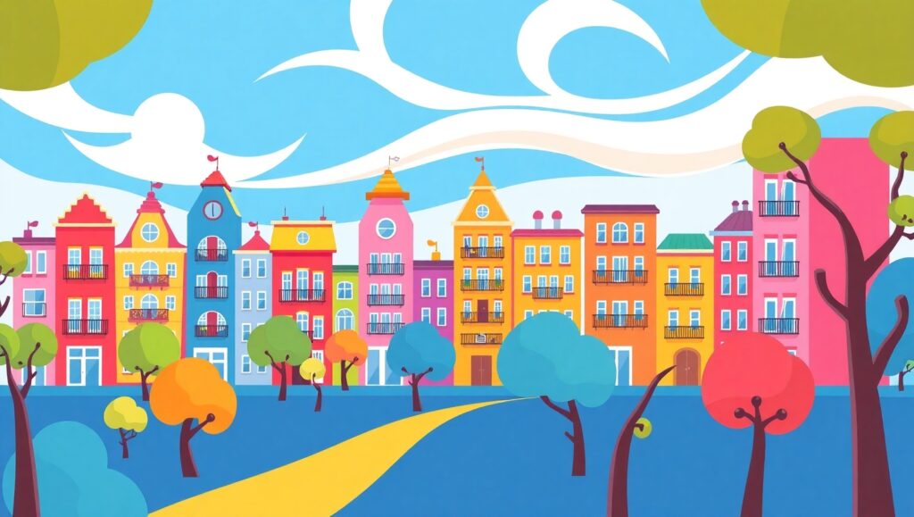Whimsical Flat Design Cityscape – free AI stock image