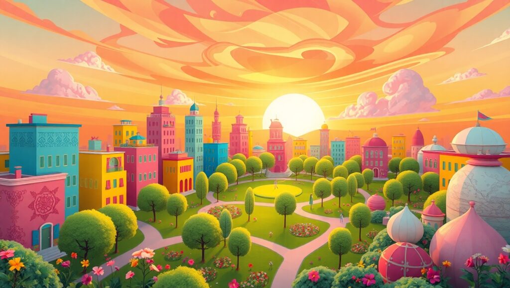 Whimsical Flat Design Cityscape – free AI stock image