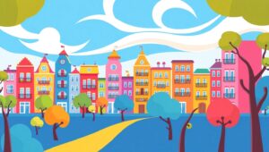 Whimsical Flat Design Cityscape – free AI stock image