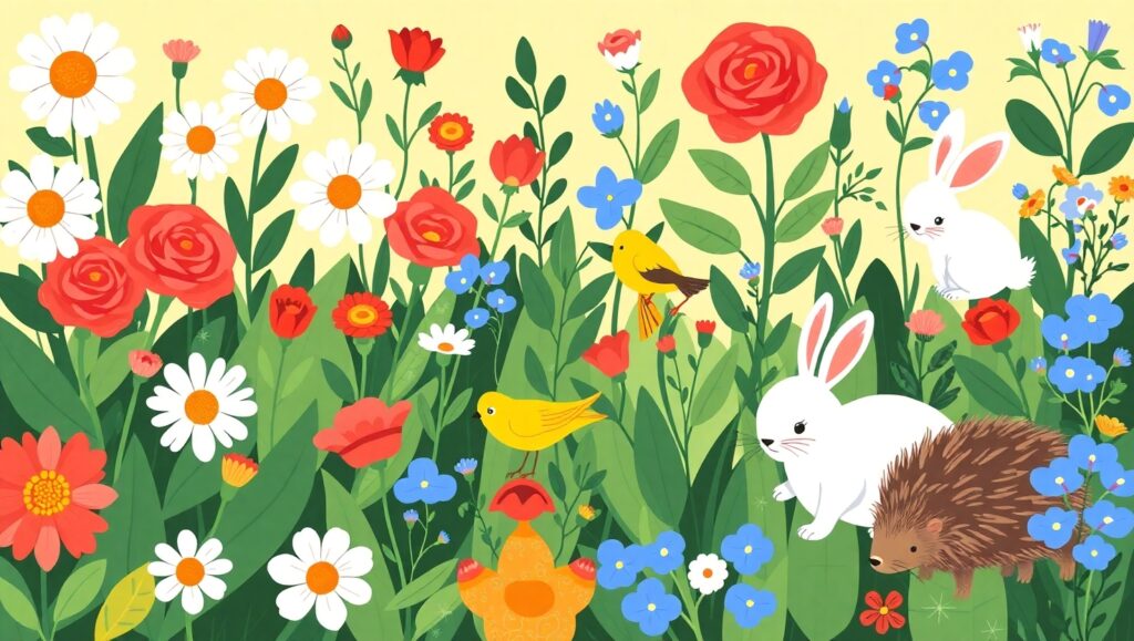 Whimsical Flat Garden Scene – free AI stock image