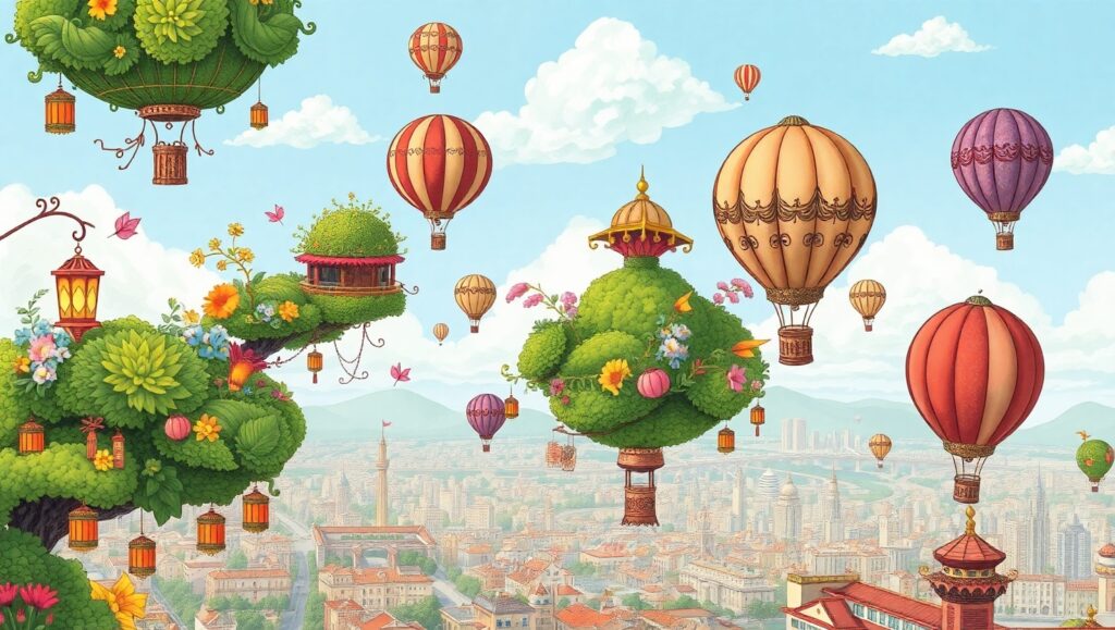 Whimsical Floating Gardens Cityscape – free AI stock image