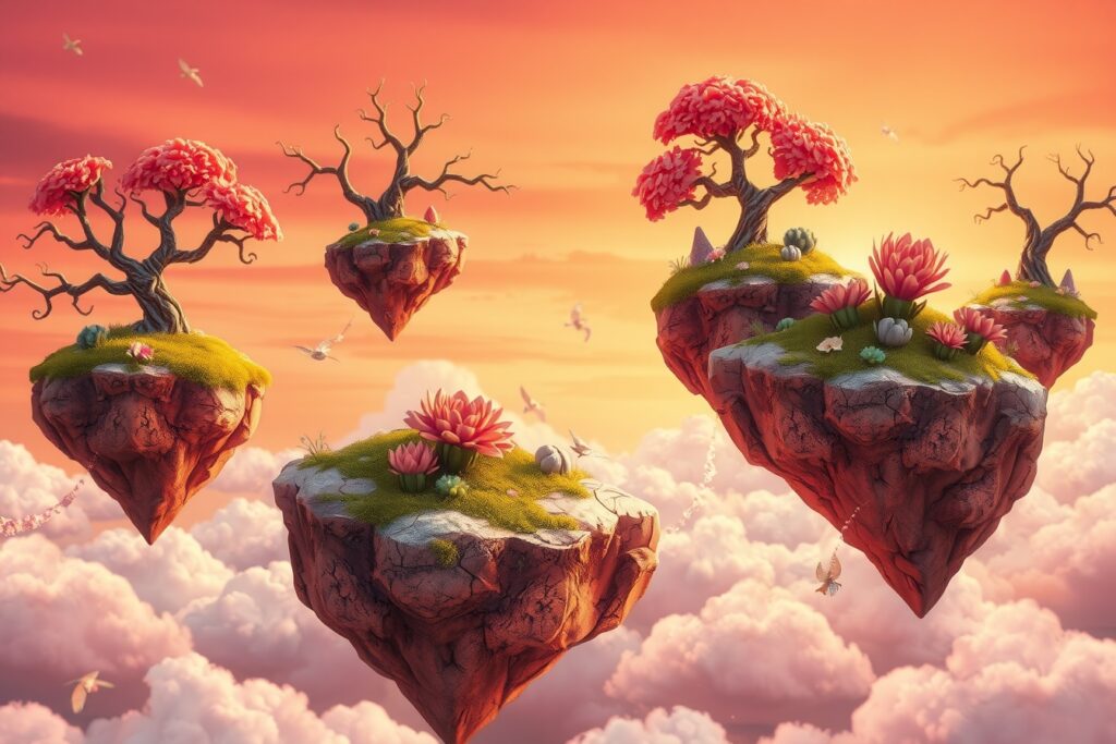 Whimsical Floating Islands in a Cartoonish Sky – free AI stock image