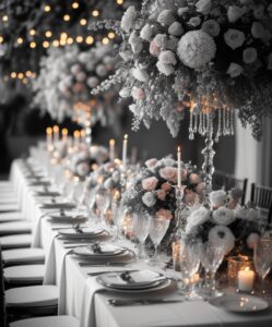 Whimsical Floral Wedding Table Setting – free AI stock image