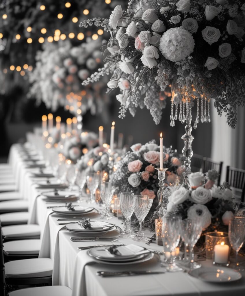 Whimsical Floral Wedding Table Setting – free AI stock image