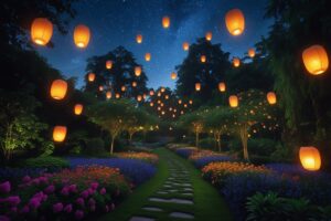 Whimsical Flying Lanterns in a Secret Garden – free AI stock image