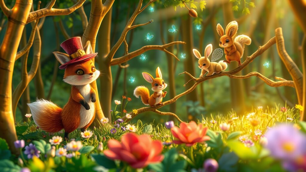 Whimsical Forest Adventure with Animated Creatures Image – free AI stock image
