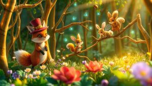 Whimsical Forest Adventure with Animated Creatures Image – free AI stock image