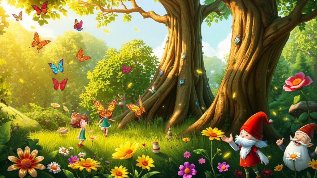 Whimsical Forest Adventure with Dancing Creatures Image – free AI stock image