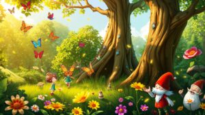 Whimsical Forest Adventure with Dancing Creatures Image – free AI stock image