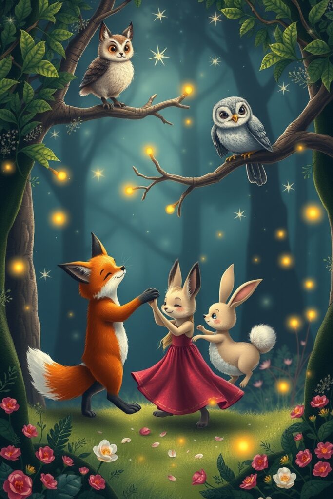 Whimsical Forest Animals Dancing Under Stars – free AI stock image