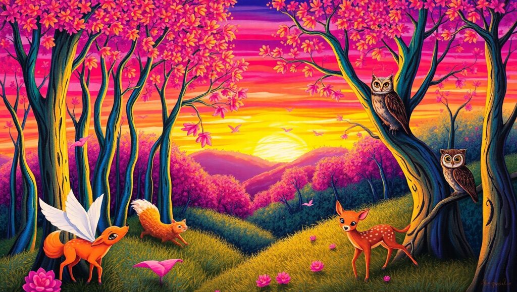 Whimsical Forest at Sunset – free AI stock image