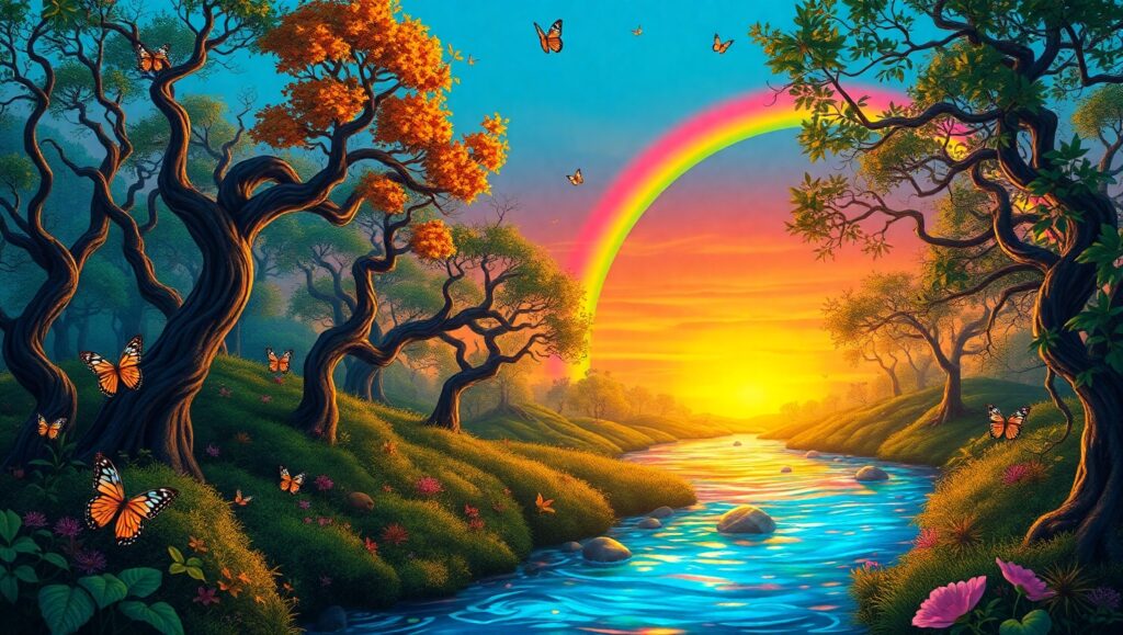 Whimsical Forest at Sunset – free AI stock image