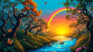 Whimsical Forest at Sunset – free AI stock image