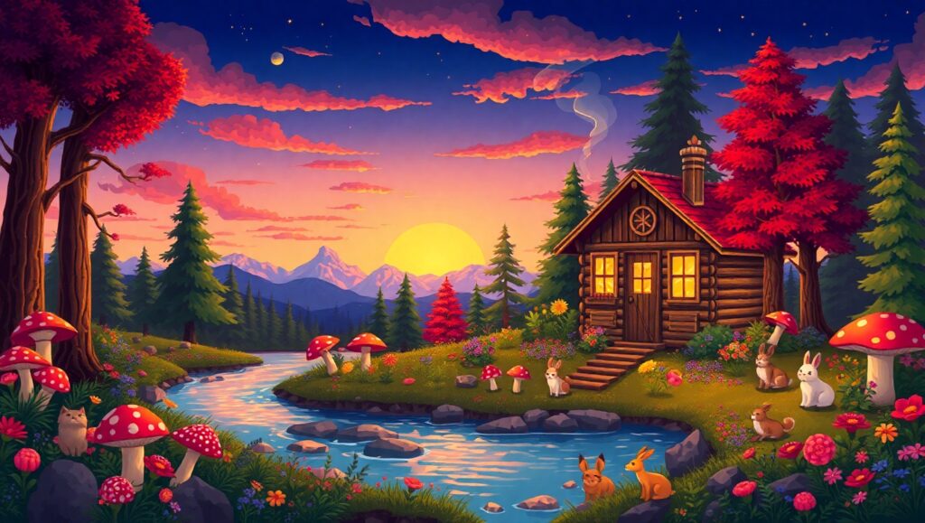 Whimsical Forest Cabin at Sunset – free AI stock image