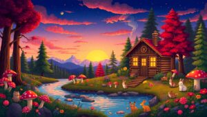 Whimsical Forest Cabin at Sunset – free AI stock image
