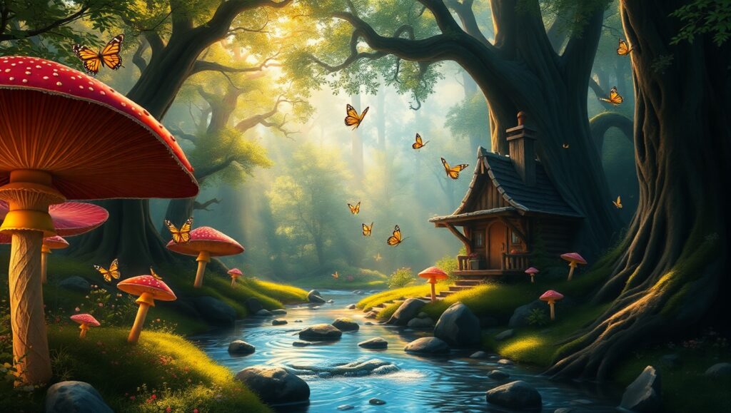 Whimsical Forest Cabins and Creatures – free AI stock image