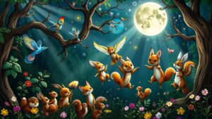 Whimsical Forest Creatures Dancing Under a Moonlit Sky image – free AI stock image