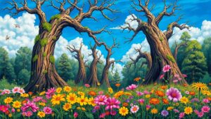 Whimsical Forest in Color Sketch – free AI stock image