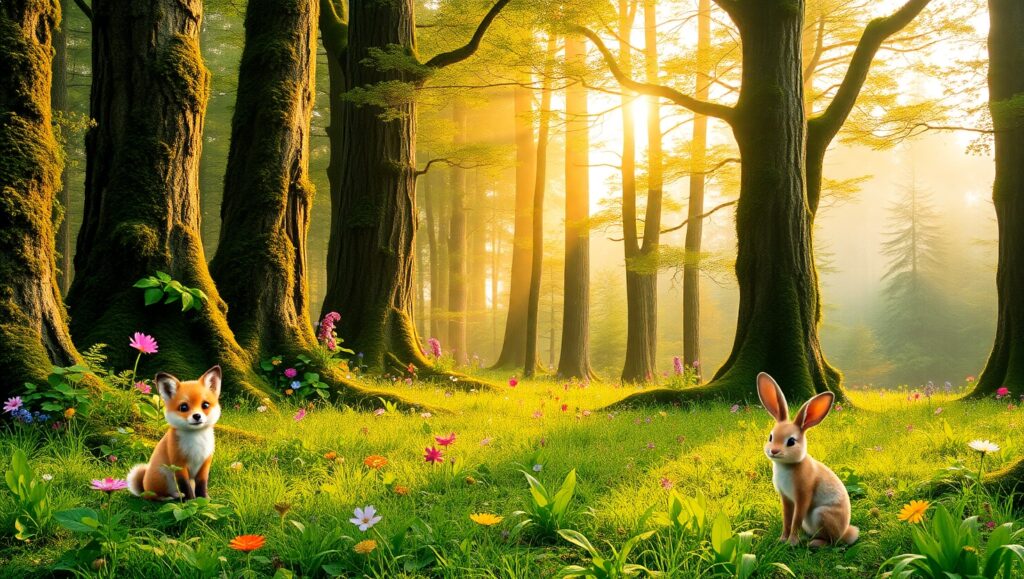 Whimsical Forest Landscape Illustration – free AI stock image