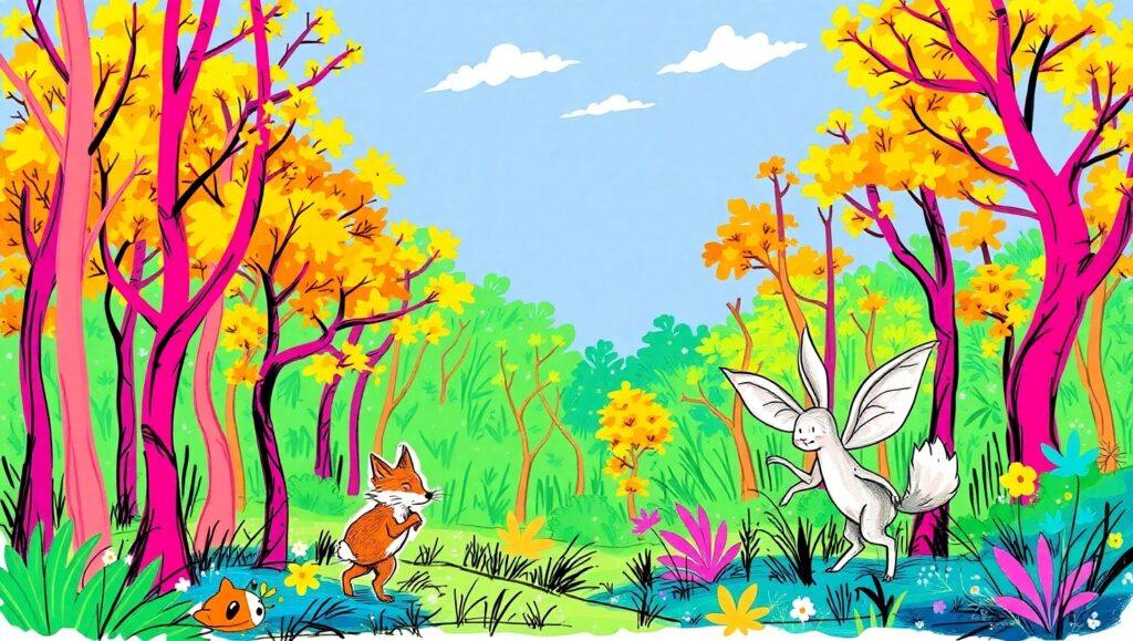 Whimsical Forest of Colorful Creatures – free AI stock image