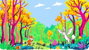 Whimsical Forest of Colorful Creatures – free AI stock image