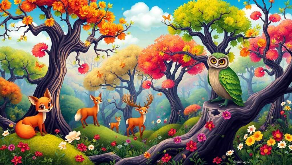 Whimsical Forest of Colorful Creatures – free AI stock image