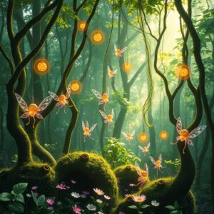 Whimsical Forest of Dancing Spirits – free AI stock image
